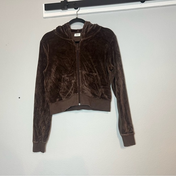 Sunday Best Aritzia Velour Full Zip Hoodie Cropped Chocolate Brown Size Medium - Picture 2 of 7